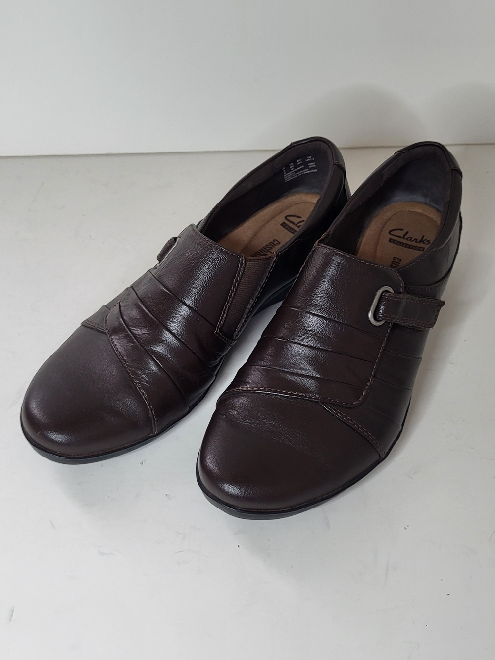 Clarks Women's Dark Brown Leather Slip-On Loafers with Buckle